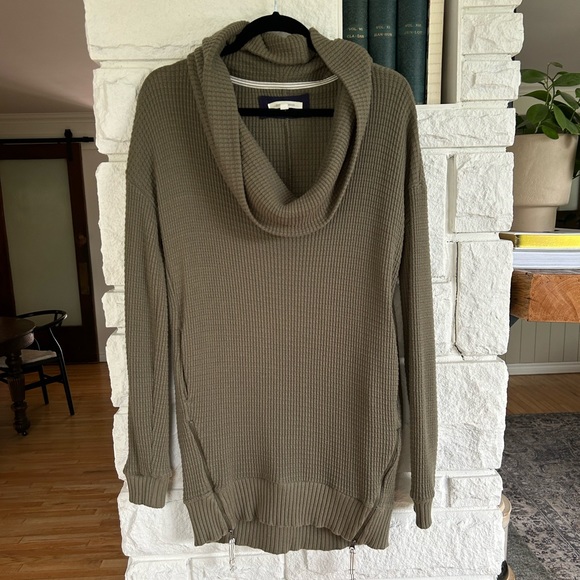 Anthropologie | Pure+Good Cowlneck Waffle Knit Olive Green Tunic Sweater - Picture 2 of 12